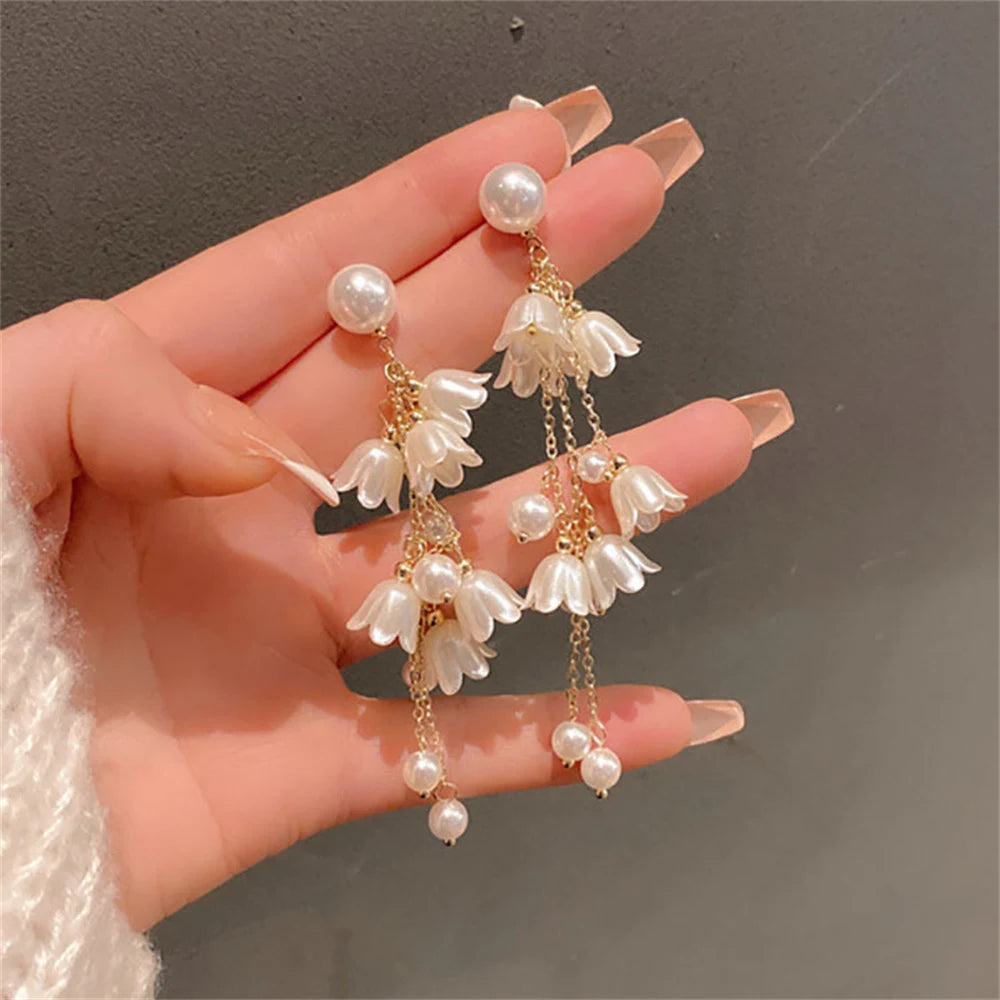 Pearl Bell Orchid Long Tassel Earrings