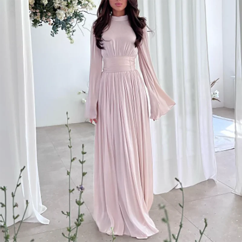 Round neck waist pleated light luxury temperament dress