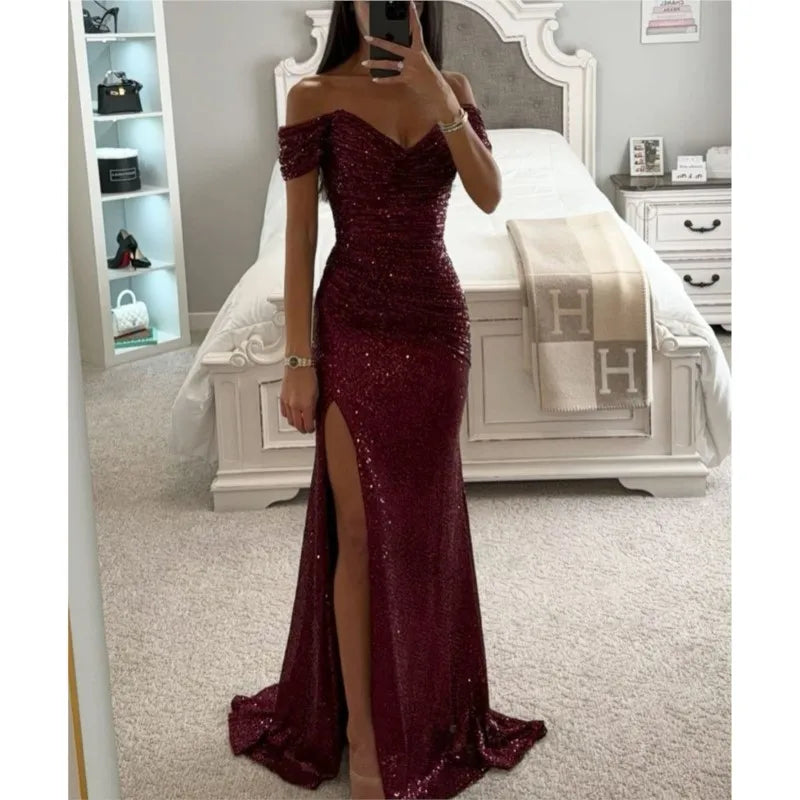 Sexy polyester ball gown with subtle shimmer and a high slit