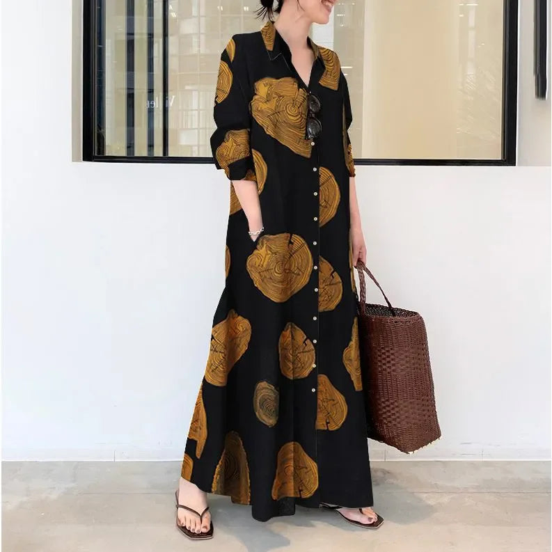 Cotton and linen printed long-sleeved dress