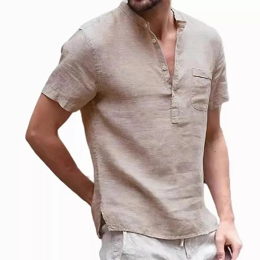 Cotton Linen Short Sleeve Men's T Shirt Stand Collar