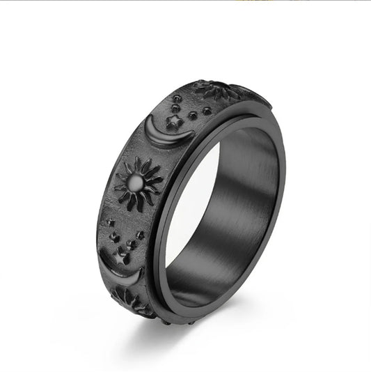 Stars, Moon, Sun, Rotating Titanium Ring