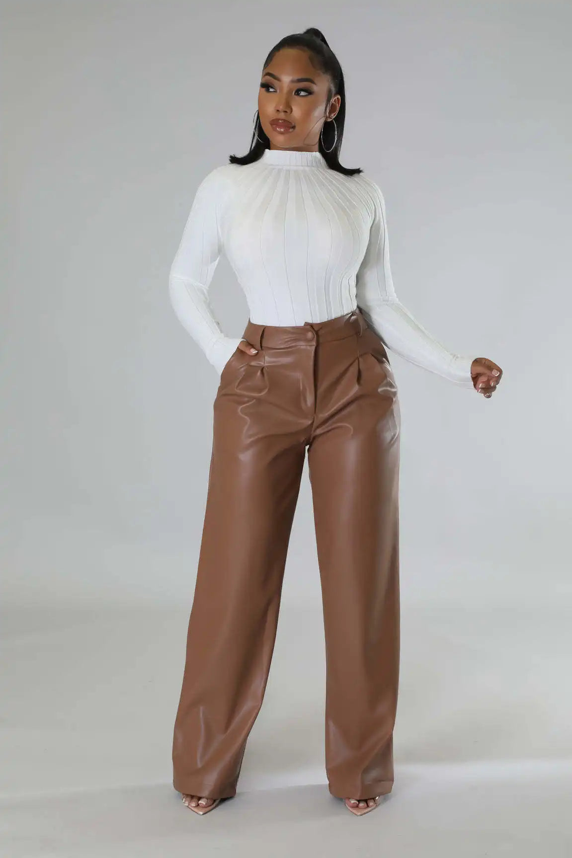 PU Women's Loose Wide Leg Pocket Casual Leather Pants