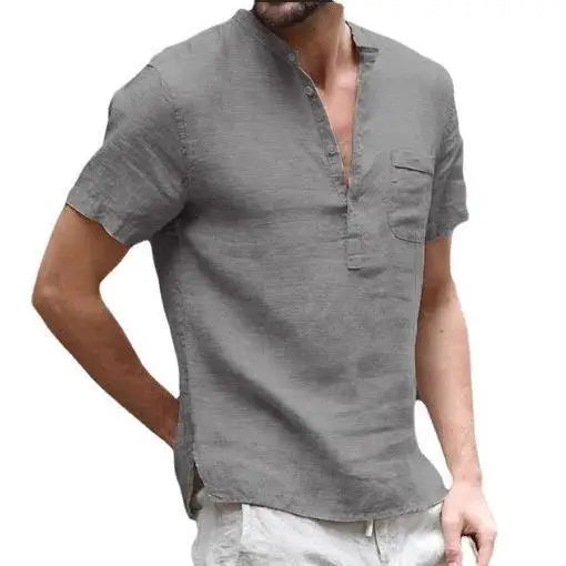 Cotton Linen Short Sleeve Men's T Shirt Stand Collar