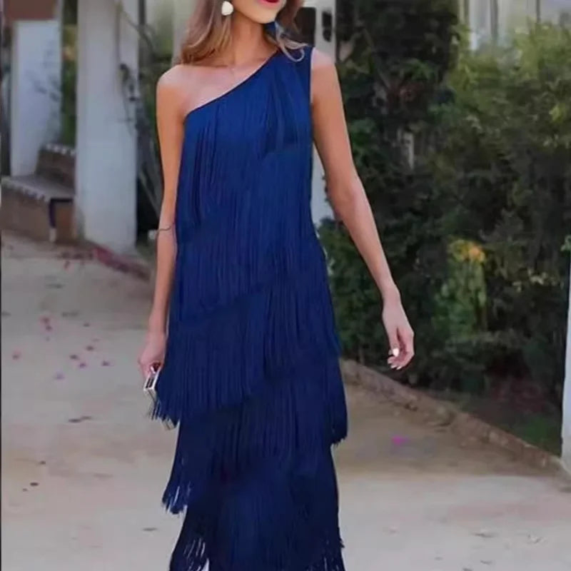 Fashion fringed slanting shoulder asymmetric dress
