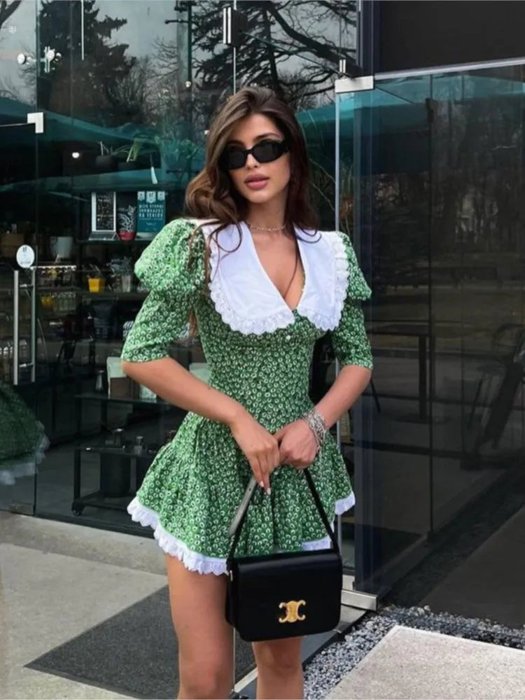 Floral Dress with Doll Neck and Short Sleeves