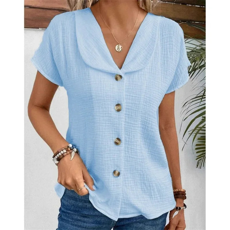 Solid Short Sleeve Cardigan Button Women's Top