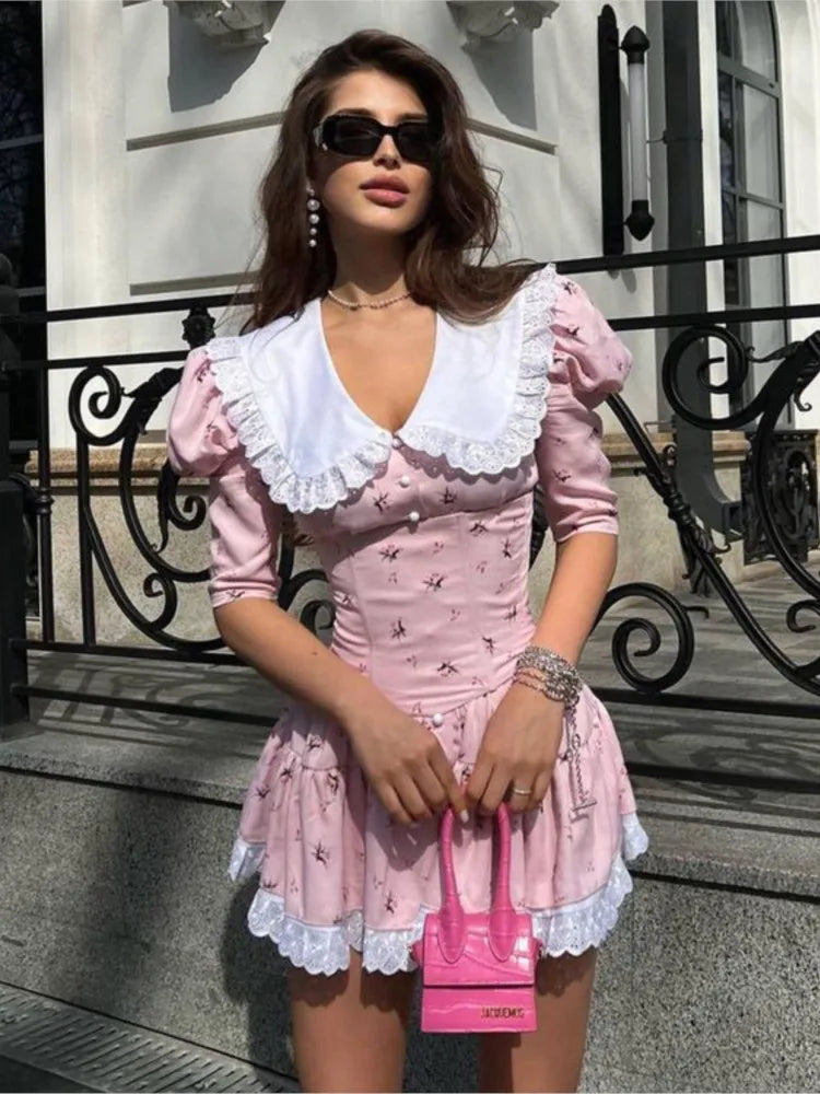 Floral Dress with Doll Neck and Short Sleeves