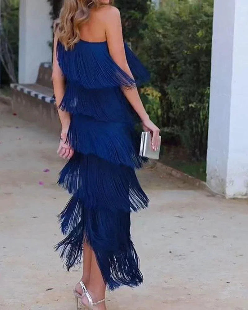 Fashion fringed slanting shoulder asymmetric dress