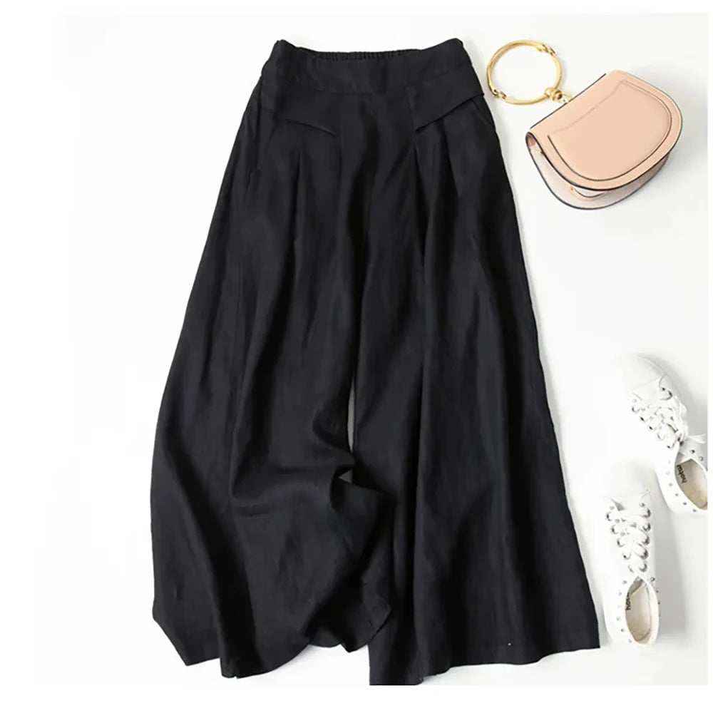 Literary cotton and linen wide-leg culottes