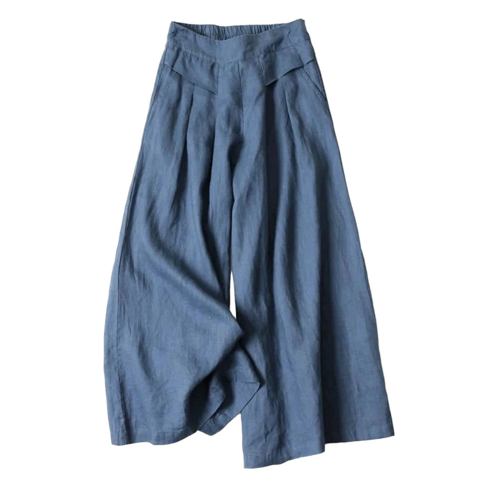 Literary cotton and linen wide-leg culottes