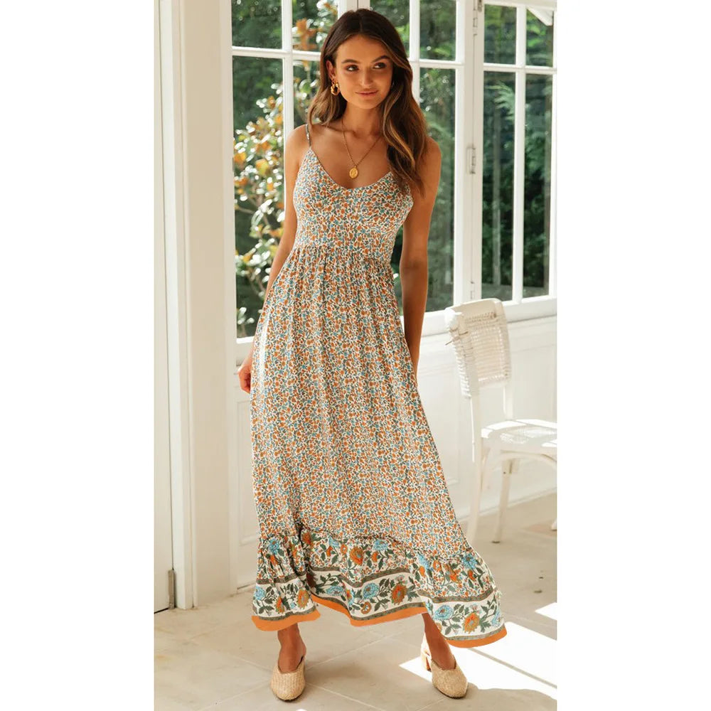 Bohemian V-neck floral print sundress