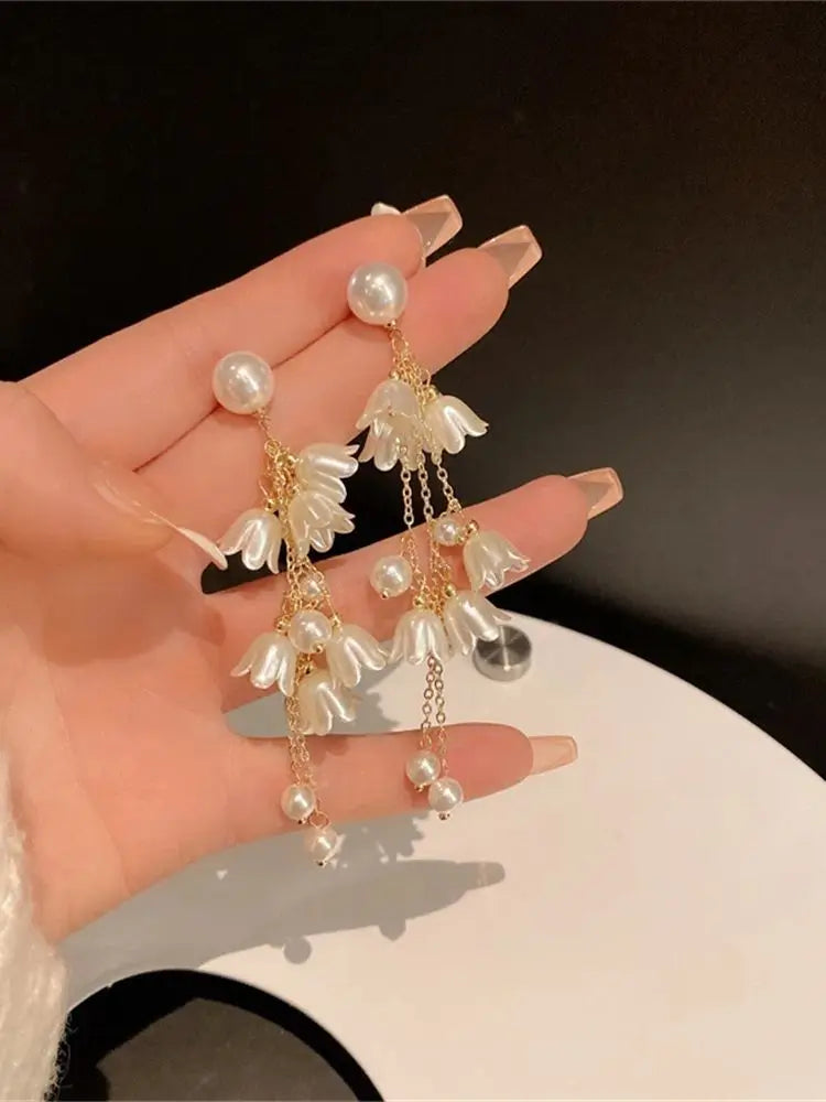 Pearl Bell Orchid Long Tassel Earrings