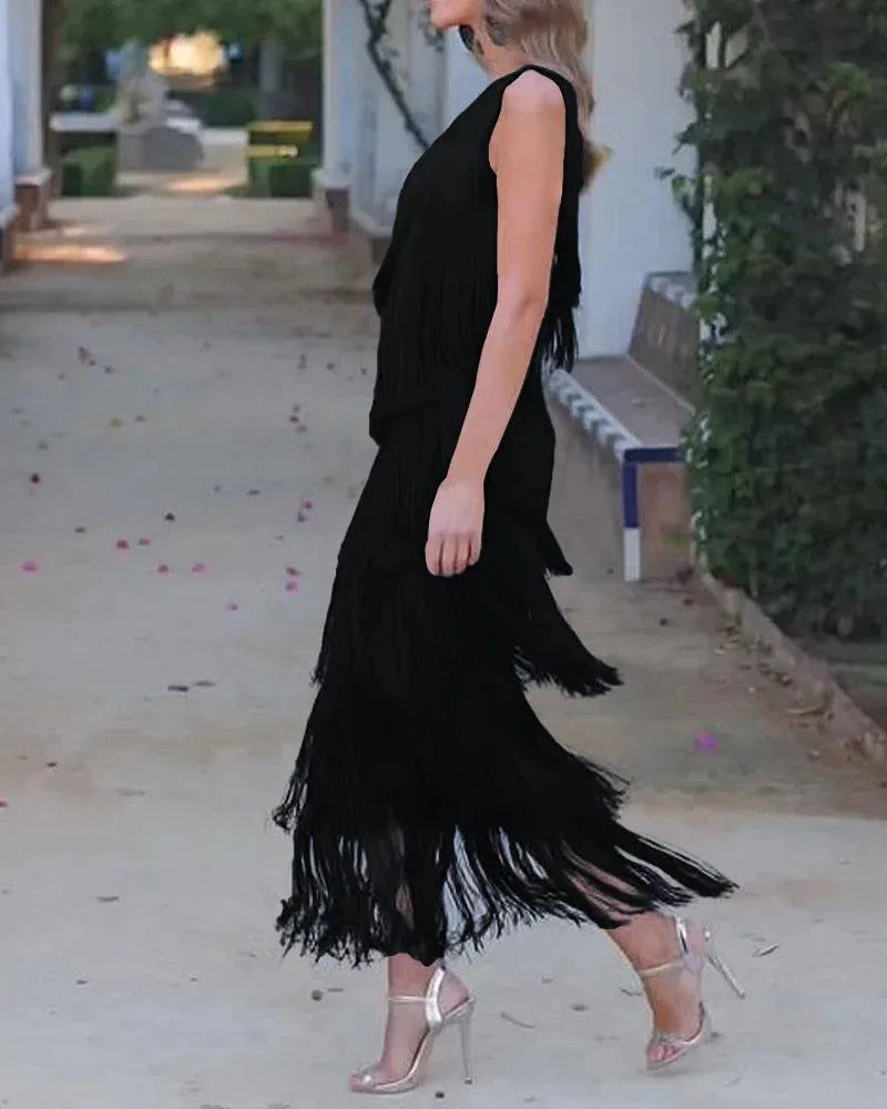 Fashion fringed slanting shoulder asymmetric dress