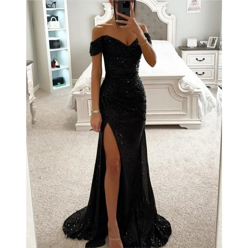 Sexy polyester ball gown with subtle shimmer and a high slit
