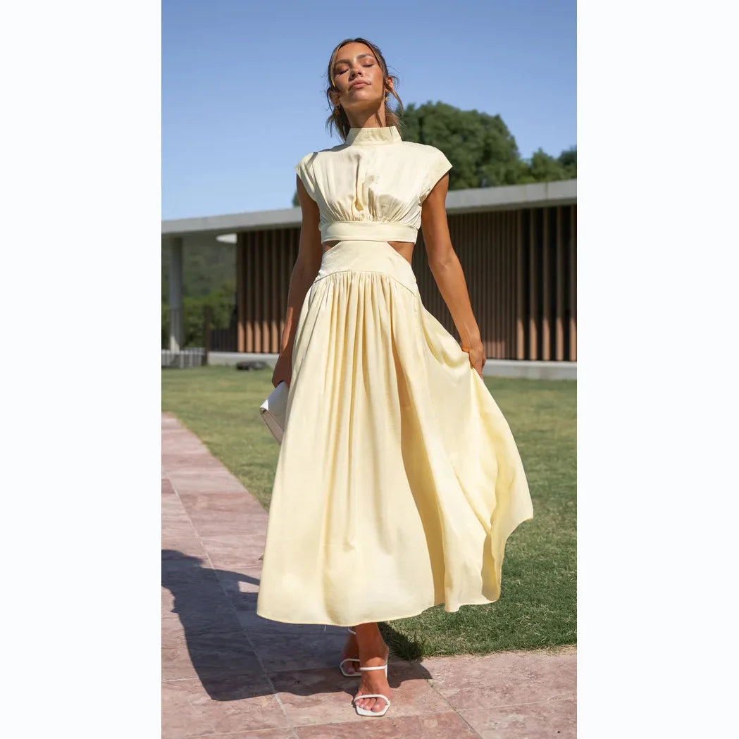 0  Stand-up collar macaron waist-baring long dress