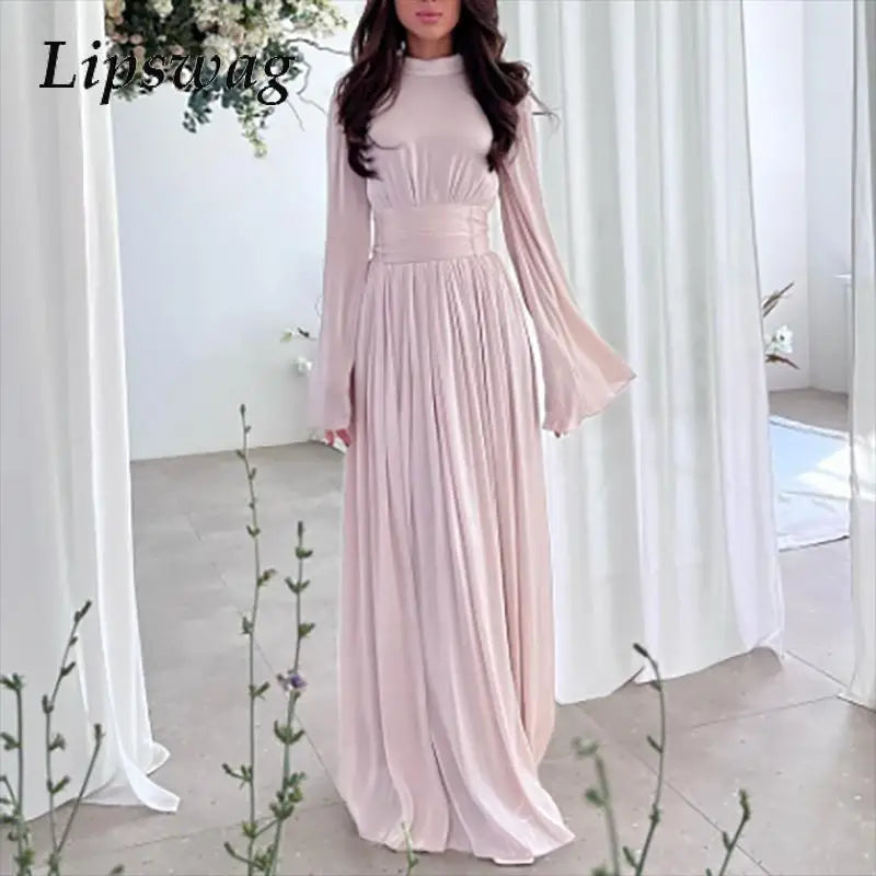 Round neck waist pleated light luxury temperament dress