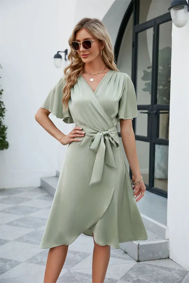 Satin V-neck fitted waist flared sleeve comfortable and sexy dress