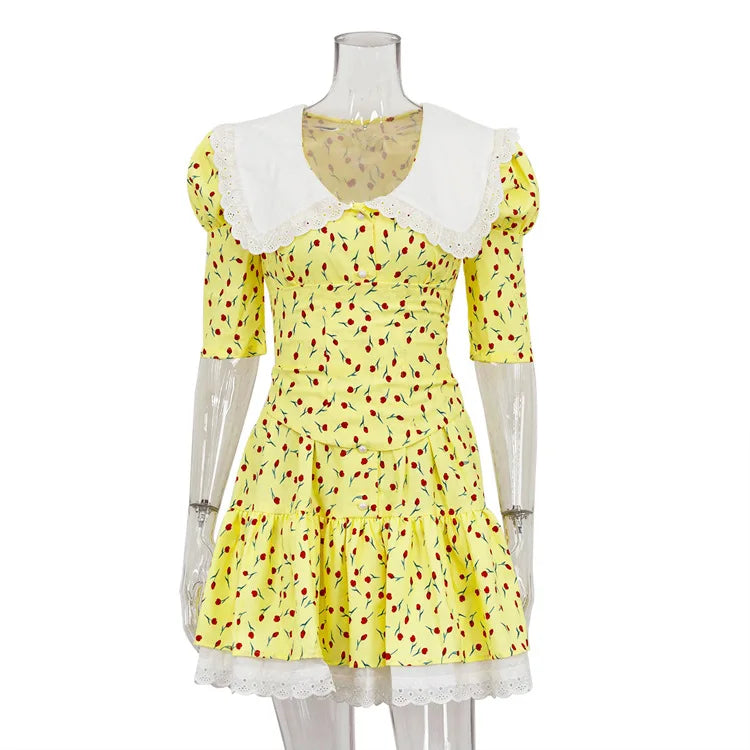 Floral Dress with Doll Neck and Short Sleeves