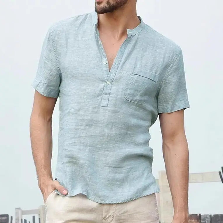Cotton Linen Short Sleeve Men's T Shirt Stand Collar