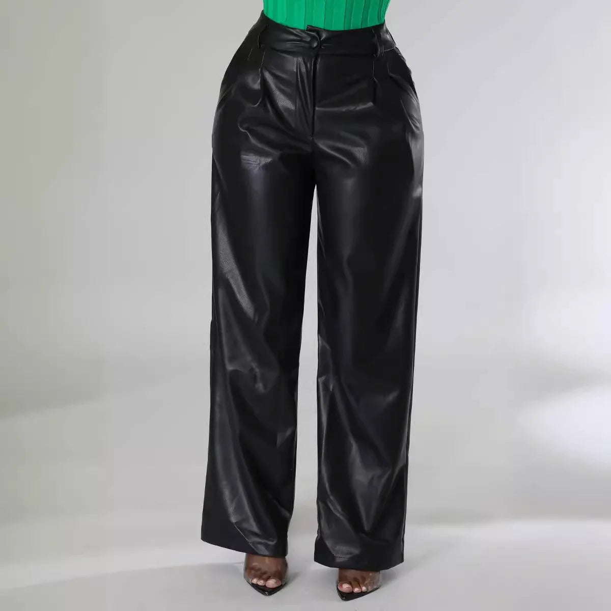 PU Women's Loose Wide Leg Pocket Casual Leather Pants