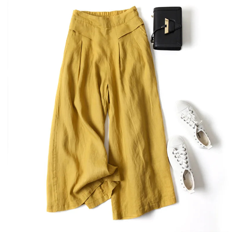Literary cotton and linen wide-leg culottes
