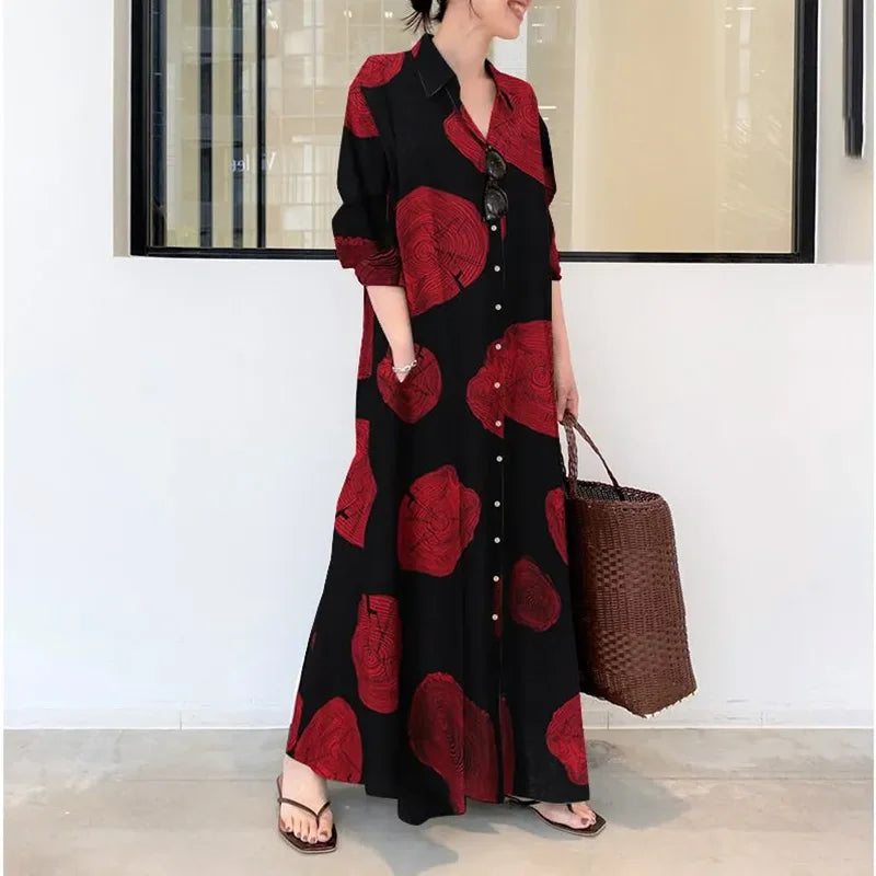 Cotton and linen printed long-sleeved dress
