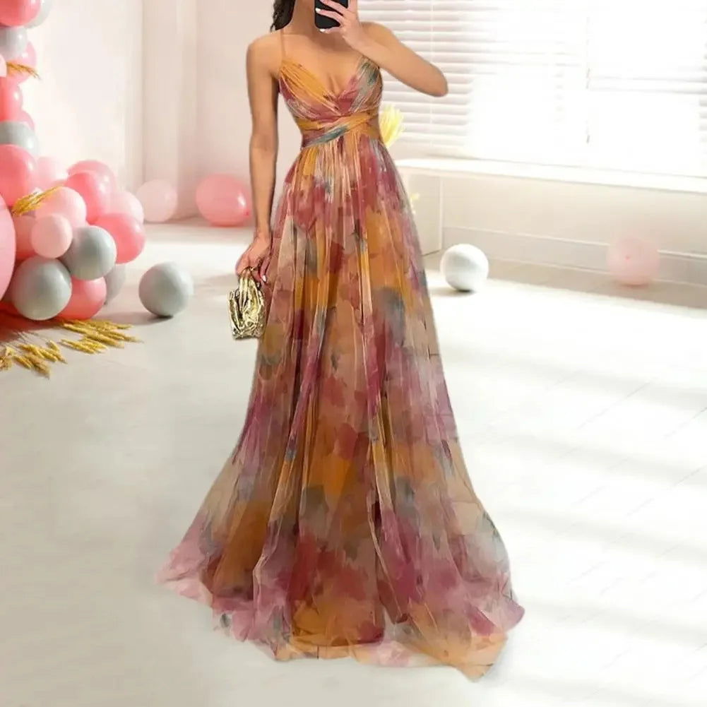 New Mesh Print Halter Dress Resort Casual Party Dress