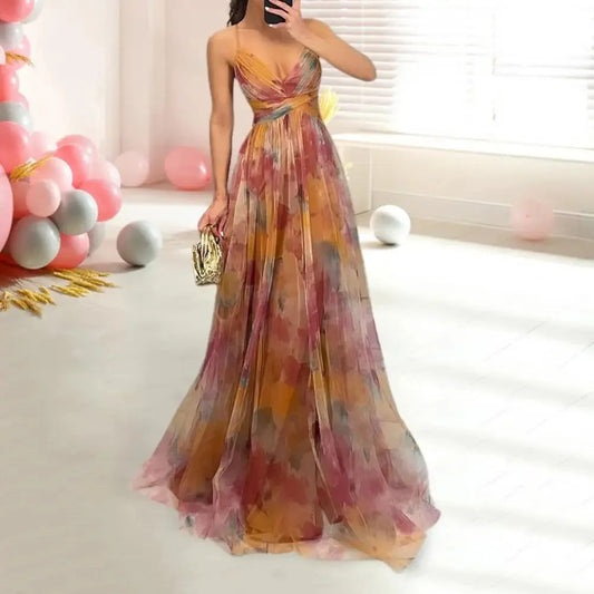 New Mesh Print Halter Dress Resort Casual Party Dress