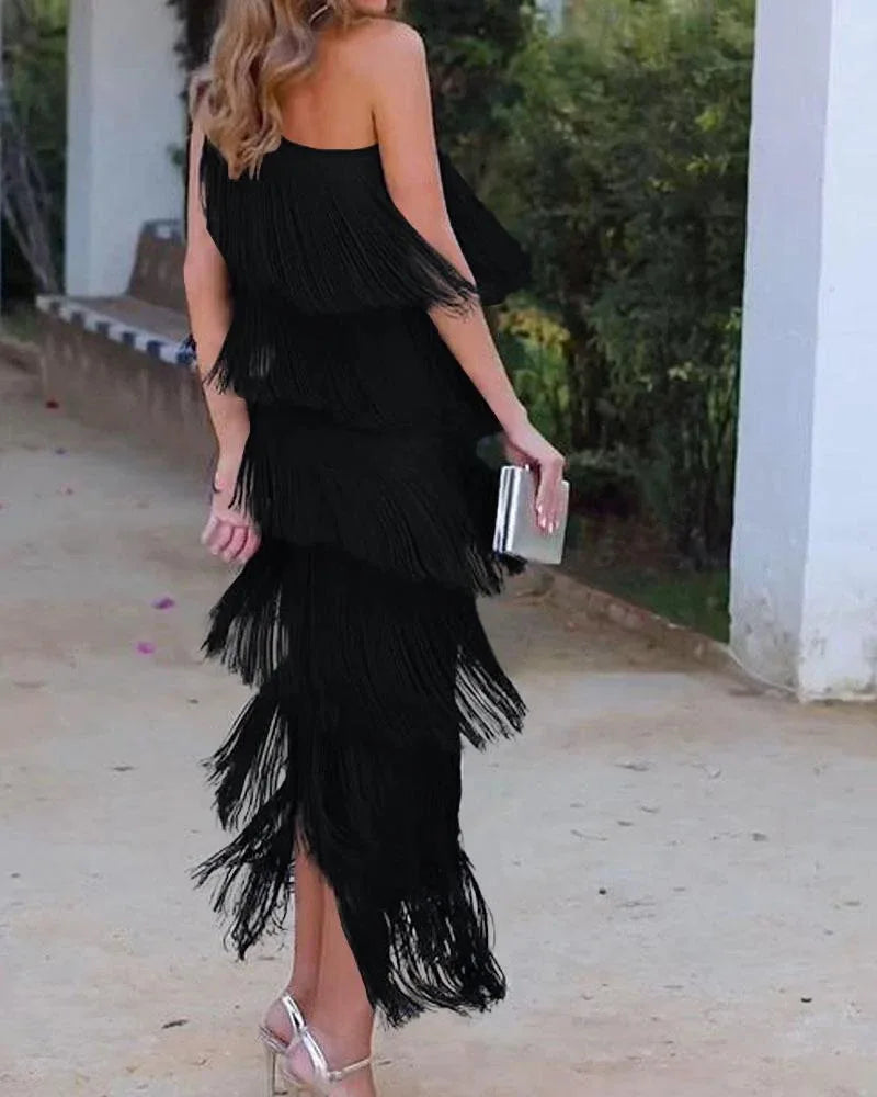 Fashion fringed slanting shoulder asymmetric dress