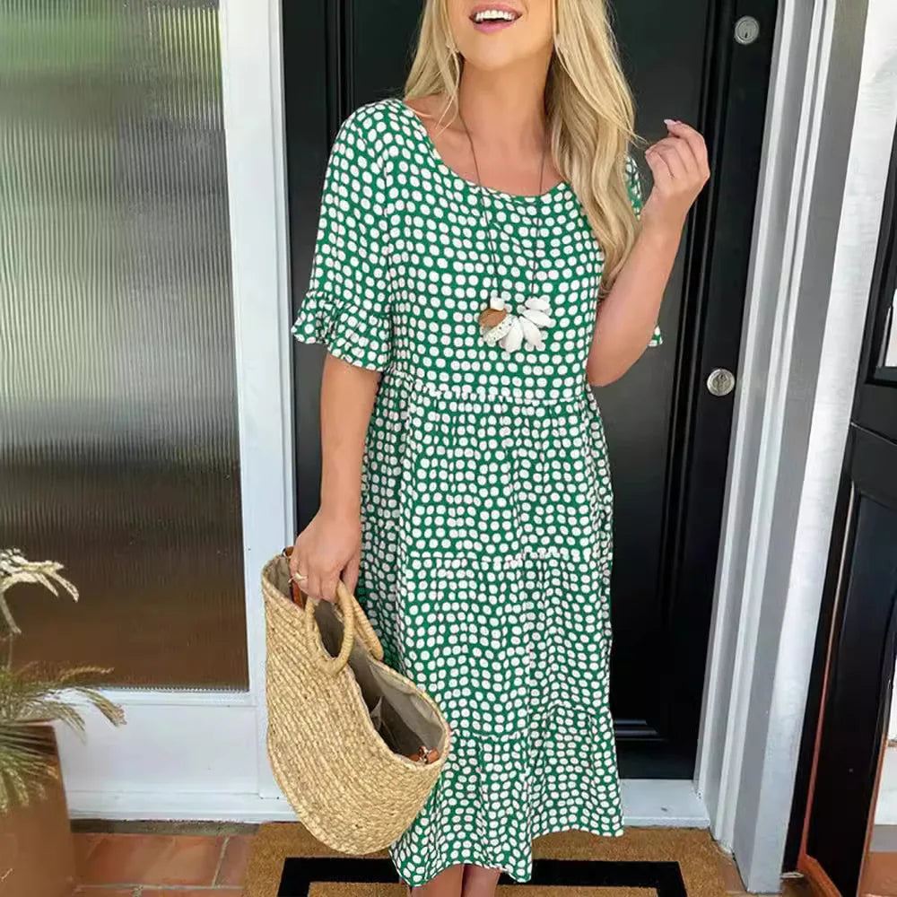 Round neck printed short-sleeved dress