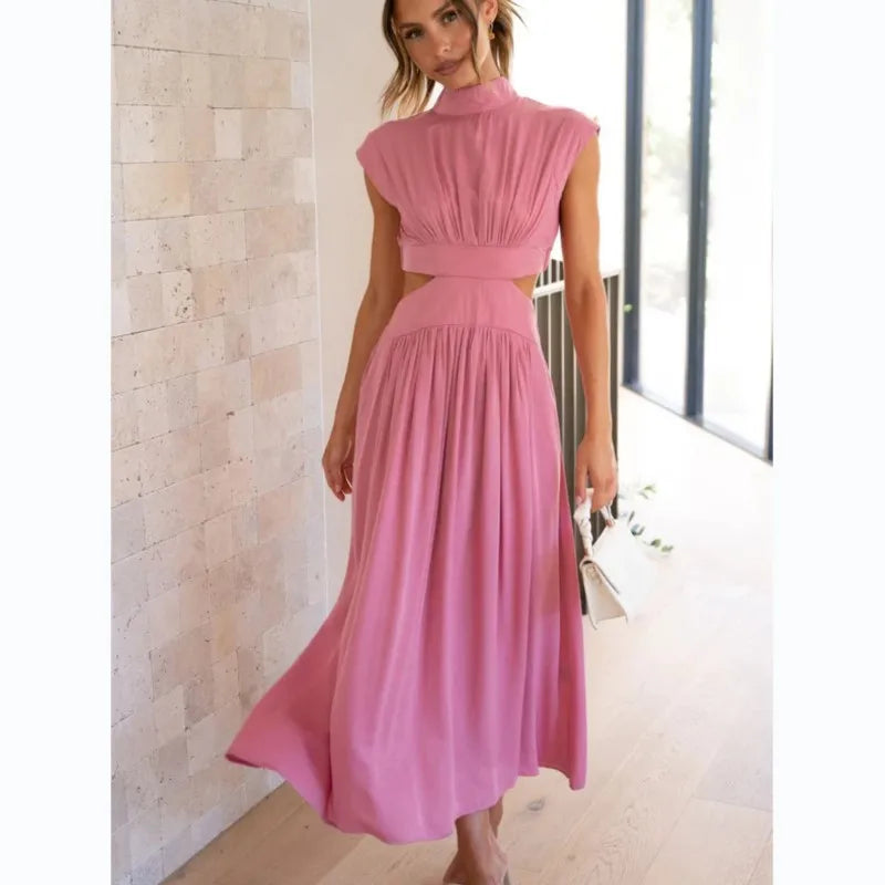0  Stand-up collar macaron waist-baring long dress