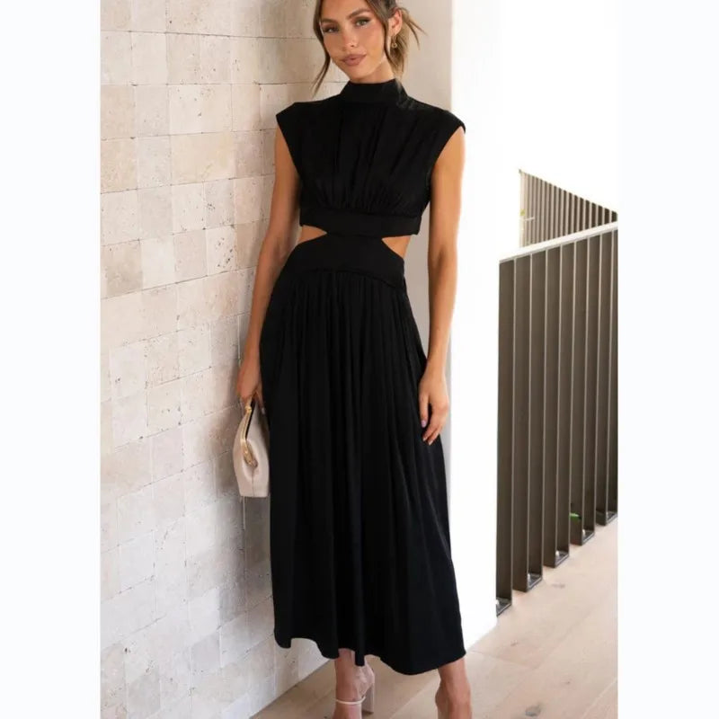 0  Stand-up collar macaron waist-baring long dress