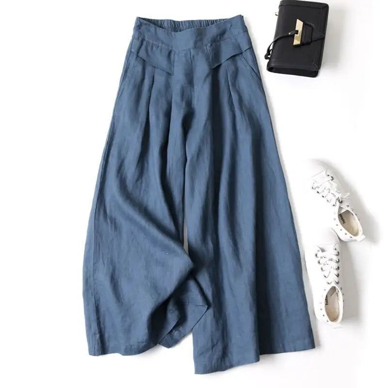 Literary cotton and linen wide-leg culottes