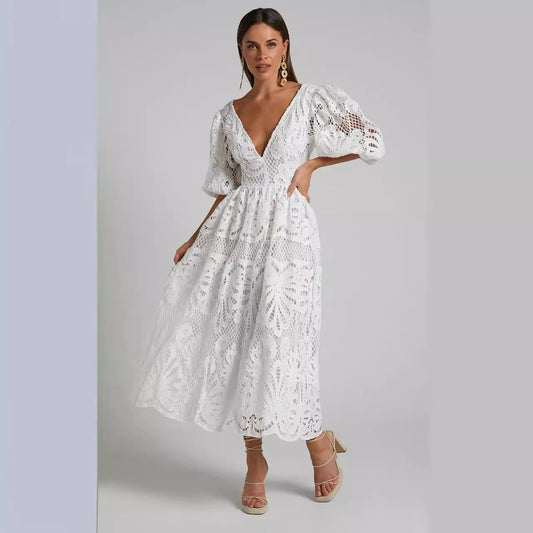 Cutout lace embroidery sexy waist-baring dress