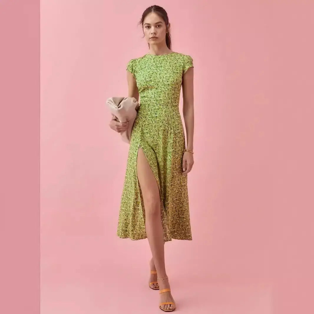 0 Retro Fruit Green Small Floral Halter Split Skirt