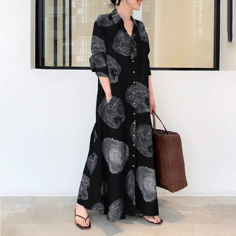 Cotton and linen printed long-sleeved dress