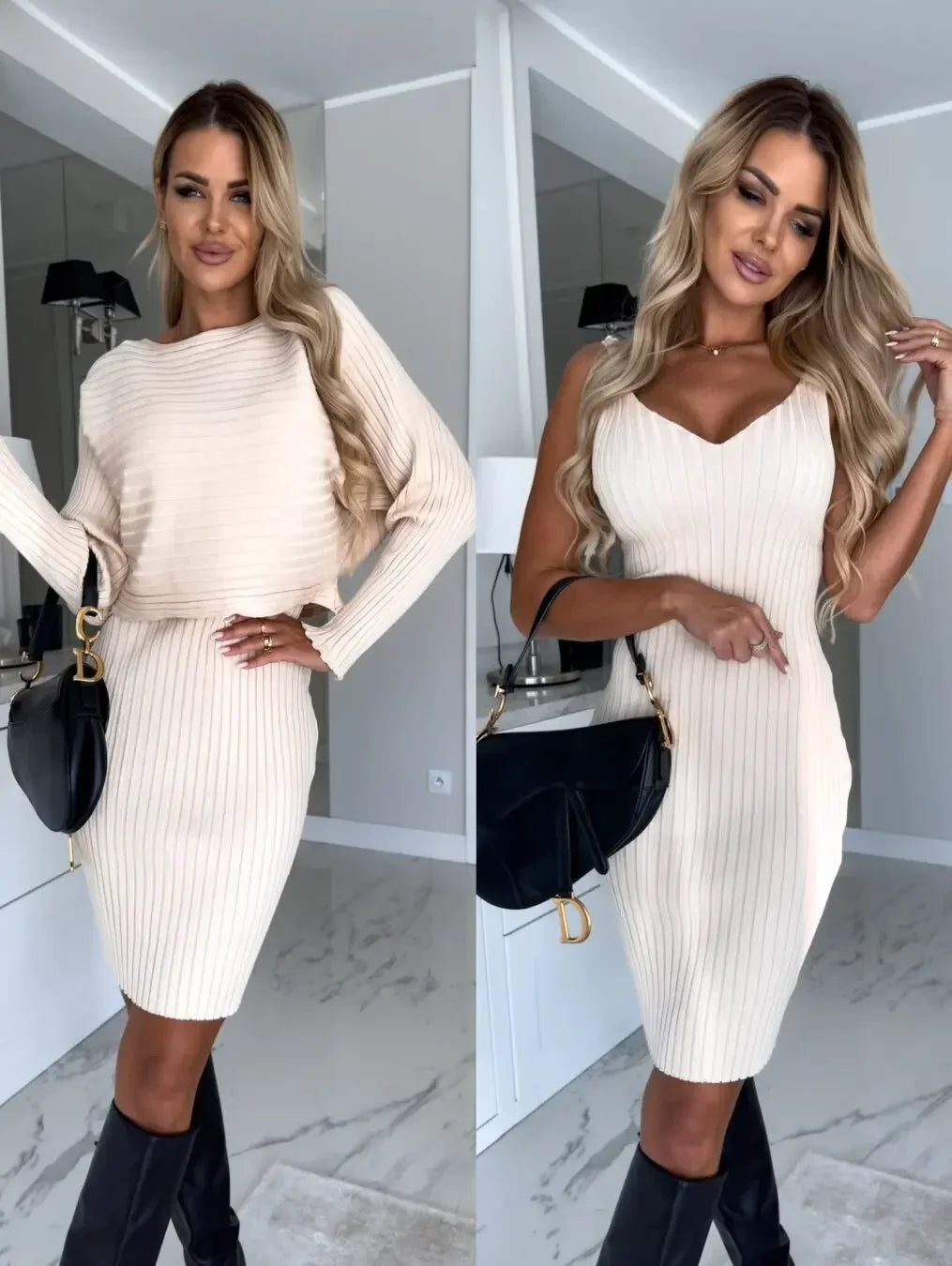 Fall Pit Strip Long Sleeve Top Slip Skirt