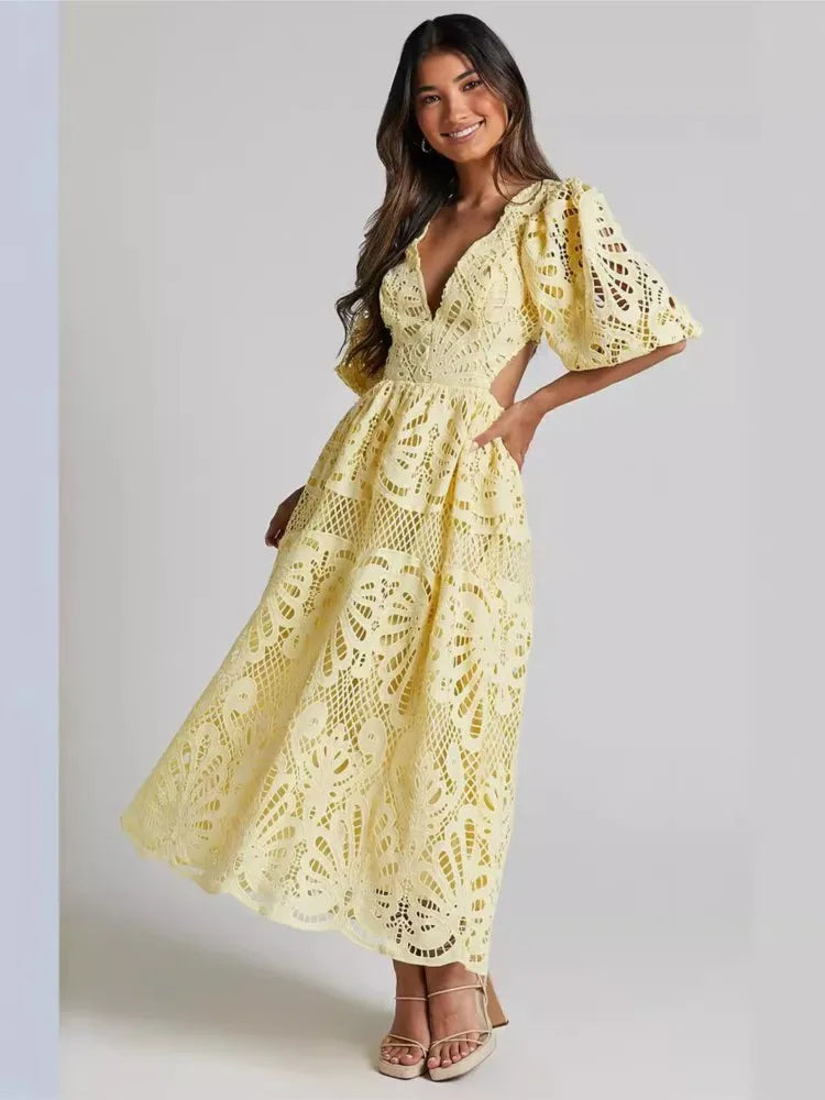 Cutout lace embroidery sexy waist-baring dress