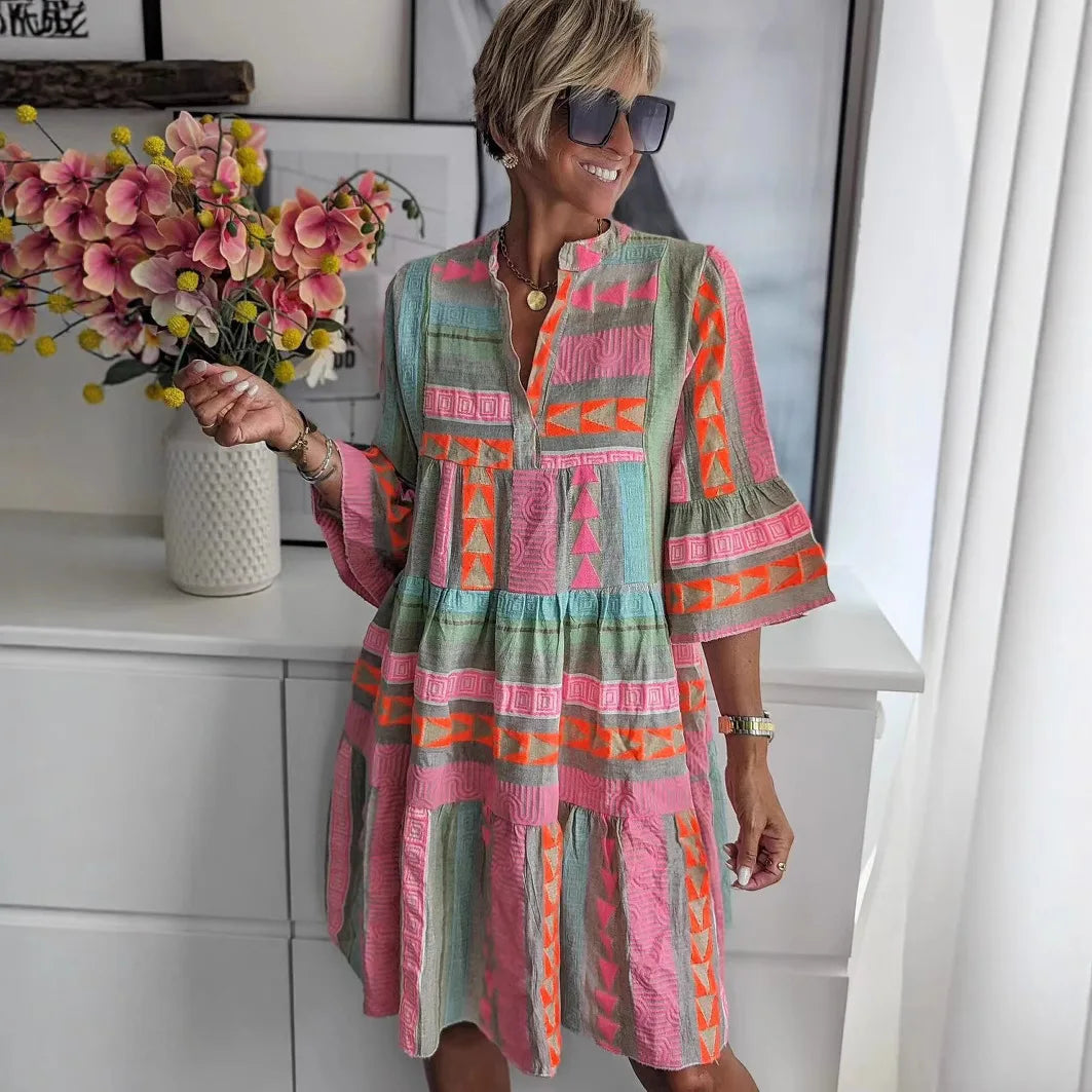 Fall Print V-Neck Three-Quarter Sleeve Dress