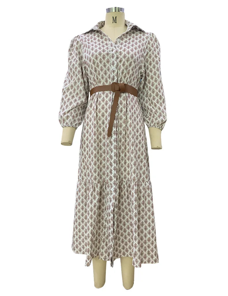 Belt Print V-Neck Simple Long Dress