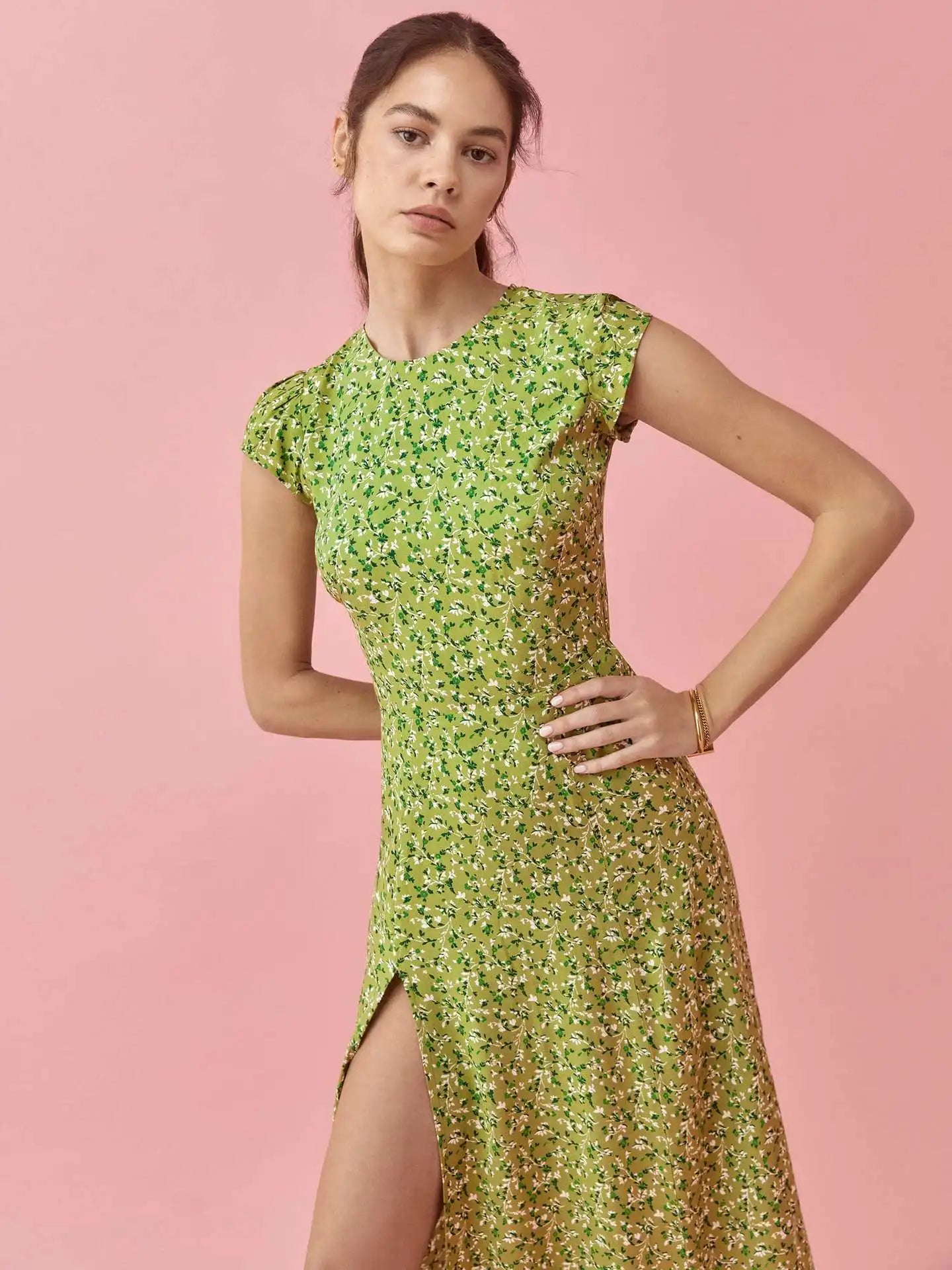 0 Retro Fruit Green Small Floral Halter Split Skirt