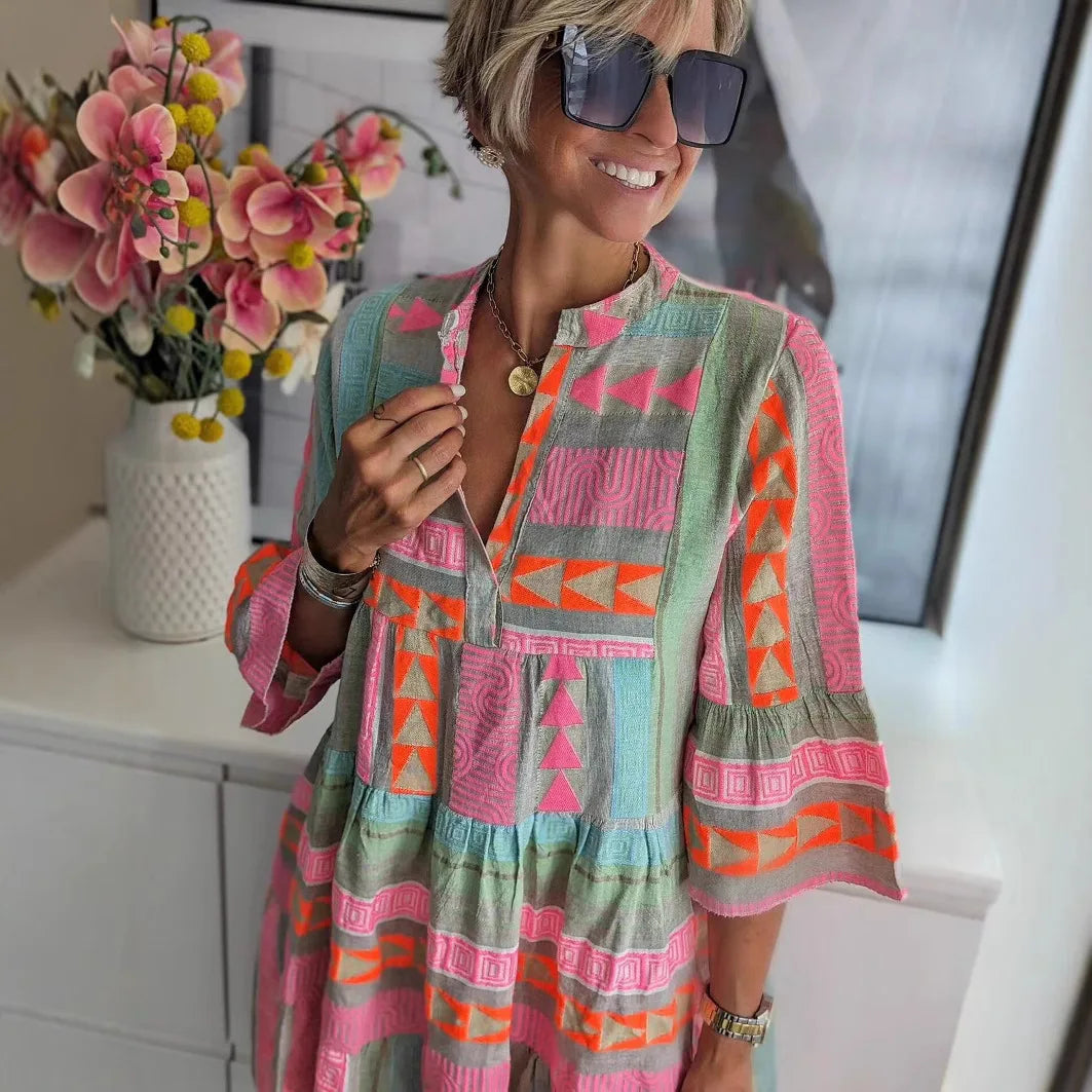 Fall Print V-Neck Three-Quarter Sleeve Dress