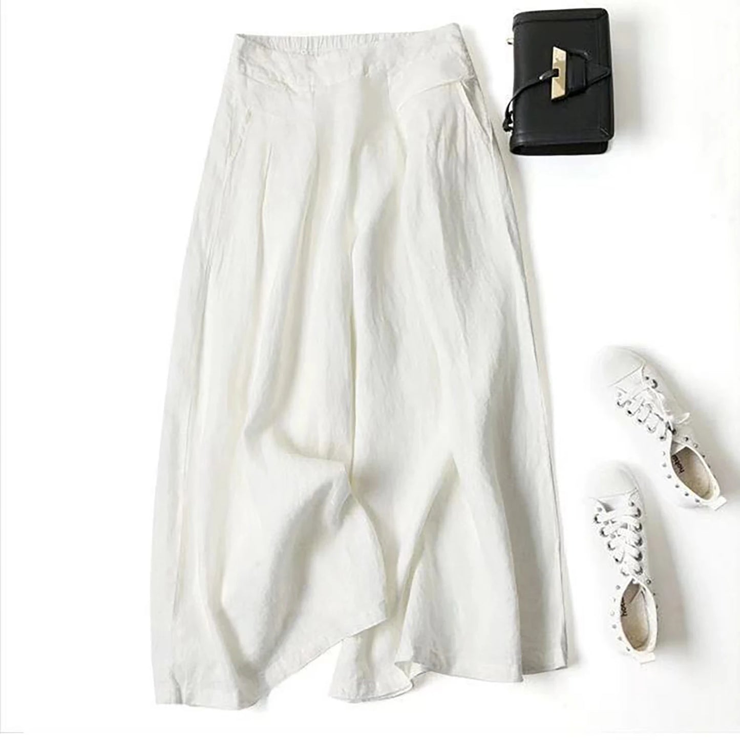 Literary cotton and linen wide-leg culottes