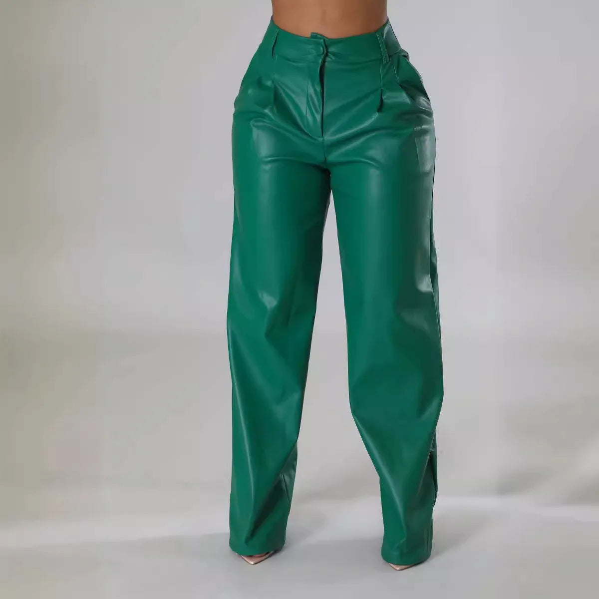 PU Women's Loose Wide Leg Pocket Casual Leather Pants