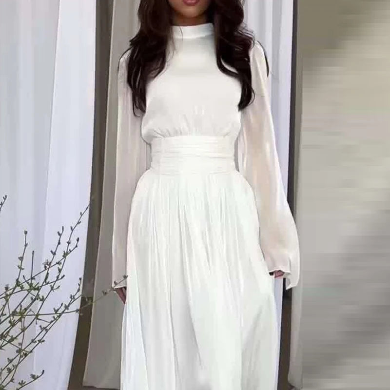 Round neck waist pleated light luxury temperament dress
