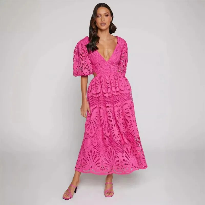 Cutout lace embroidery sexy waist-baring dress