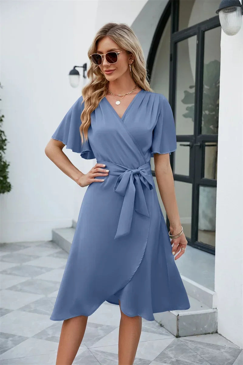 Satin V-neck fitted waist flared sleeve comfortable and sexy dress