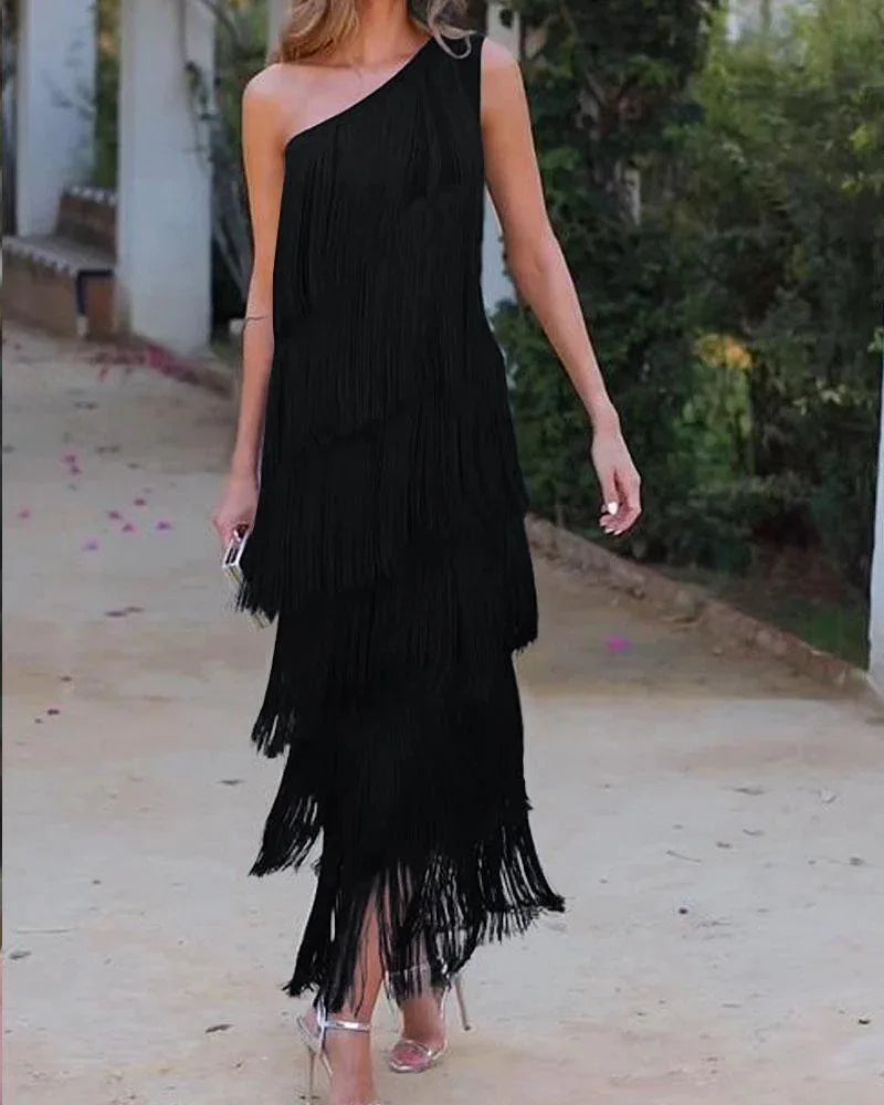 Fashion fringed slanting shoulder asymmetric dress