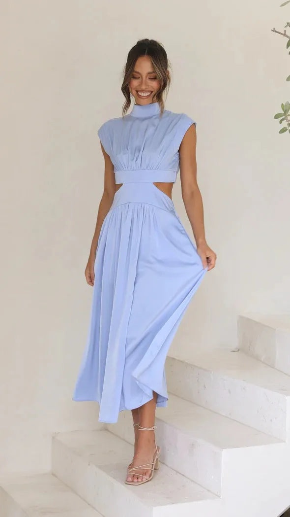 0  Stand-up collar macaron waist-baring long dress